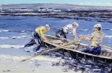 Ivan Sutton, Hauling up the Currach, Killeaney Beach, Inishmore, oil on board