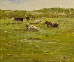 Cows Resting by Paul Kelly, 1992, oil on board, offered Jun 2026