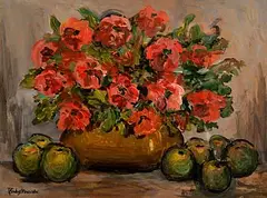 Still Life - Flowers and Fruit by Gladys Maccabe, oil on board, sold Jun 2026