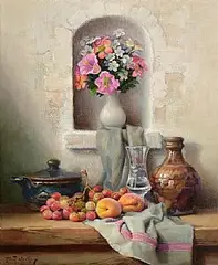 Robert Chailloux French, Fruit, Vessels and Flowers in Recess, oil on canvas