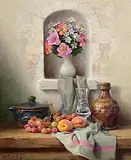 Robert Chailloux French, Fruit, Vessels and Flowers in Recess, oil on canvas