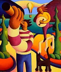 Alan Kenny, Two Musicians in Landscape with Cat and Balloon, acrylic on canvas