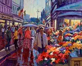 Norman Teeling, Flower Sellers, Grafton Street, Dublin, oil on board