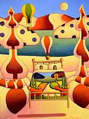 Alan Kenny, Dreamscape with Bed, acrylic on canvas