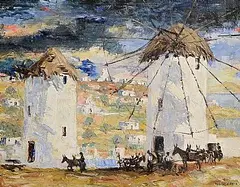 Fergus O'Ryan, Spanish Landscape with Windmills and Figures, oil on board