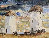Fergus O'Ryan, Spanish Landscape with Windmills and Figures, oil on board