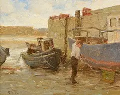 Boy Cleaning a Boat, Rush Harbour by Paul Kelly, 1992, oil on board, sold Jun 2026