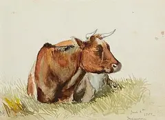 Resting Cow by Mildred Anne Butler, 1882, watercolour on paper (second image verso), sold Feb 2026