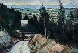 Peter Collis, Farm Road, Buildings and Sea, oil on canvas laid on board