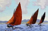 Ivan Sutton, Windy Day, Galway Hookers, Roundstone Bay, oil on board