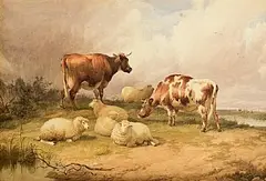 Thomas Sidney Cooper, Sheep and Cattle by the River, 1853, watercolour on paper