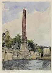 Flora Mitchell, Cleopatra's Needle, London, pen, ink and watercolour