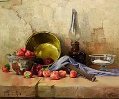 Robert Chailloux French, Oil Lamp, Brass Bowl and Fruit, oil on canvas