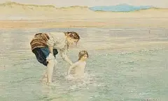 William Henry Bartlett, Mother and Daughter Playing in the Sea, watercolour on paper