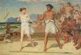 The Race - Melanion (Hippomenes) Racing Atalanta for Her Hand in Marriage by Charles Wynne Nicholls, oil on board, offered Feb 2026