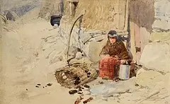 A Kilted Boy at the Door of a Scottish Croft by Erskine Nicol, 1857, watercolour and pencil on paper, sold Feb 2026