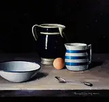 David French Le Roy, Still Life - Eggs and Jugs on Table, 2006, oil on board