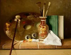 Stuart Morle, Still Life with Palette and Japanese Vase, oil on board