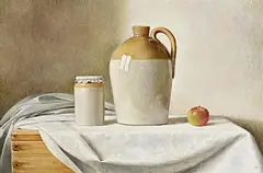 Ian McAllister, Still Life - Earthenware Jars and Apple, oil on canvas