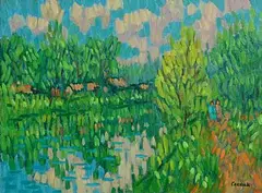 Desmond Carrick, Riverside Walk in May, oil on canvas