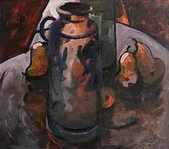 George Dunne, Still Life - Pears and Jugs, gouache on board