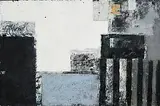 Michael Hales, Lost Cities, The Striped Wall, 2025, encaustic and oils on Hessian board