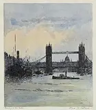Flora Mitchell, Evening on the River Thames, pen, ink and watercolour on paper