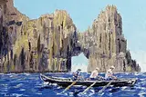 Ivan Sutton, Currach Men, Cathedral Rocks, Blasket Island, Co. Kerry, oil on board