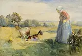 Frank McKelvey, Tending Her Goats, watercolour on paper