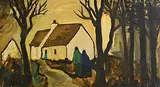 Markey Robinson, Cottages with Figures, oil on board