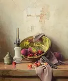 Robert Chailloux French, Fruit, Pottery, Oil Lamp and Brass Collander on a Shelf, oil on canvas