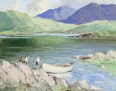 Rowland Hill, Boys Fishing, Lough Gill, Co. Sligo, oil on canvas board