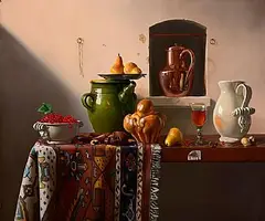 Pierre Raser, Redcurrants, Copper Jug, Bread Jug and Ewer, oil on canvas