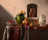 Pierre Raser, Redcurrants, Copper Jug, Bread Jug and Ewer, oil on canvas
