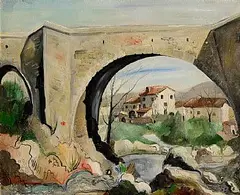 May Guinness, Red Roofs, oil on canvas