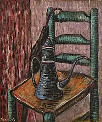 Still Life with Chair and Coffee Pot by Basil Rakoczi, oil on canvas, sold Nov 2025