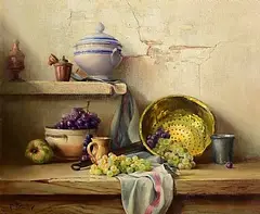 Robert Chailloux French, Still Life - Fruit, Pottery and Collander, oil on canvas