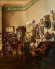 Albert Chevallier Tayler, Lady at her Writing Bureau in a Stately Interior, oil on canvas