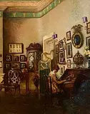 Albert Chevallier Tayler, Lady at her Writing Bureau in a Stately Interior, oil on canvas