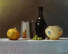 Padraig Lynch Irish, Still Life with Black Bottle, oil on canvas laid on board