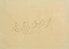 Elizabeth Rivers, Launching the Currach, Aran, ink on paper