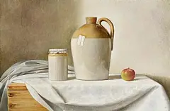 Ian McAllister, Still Life - Earthenware Jars and Apple, oil on canvas