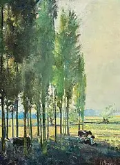 Arthur K. Maderson, Poplars in the Evening Light, oil on board