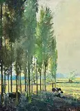 Arthur K. Maderson, Poplars in the Evening Light, oil on board