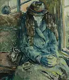 George Campbell, Woman on a Train, oil on board