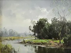 Cattle Grazing by the River Lagan by Frank McKelvey, oil on canvas, sold Sep 2025