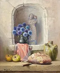 Robert Chailloux French, Still Life - Pewter Jug of Thistles with Bread, 1991, oil on canvas
