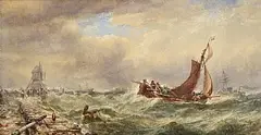 Fishing Barges in Rough Seas by Edwin Hayes, watercolour on paper, sold Sep 2025