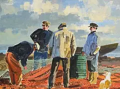 Mending the Nets, Inishmor, Aran by John Skelton Snr, mixed media on paper, sold Sep 2025
