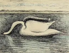Swan by Basil Rakoczi, mixed media on paper, sold Sep 2025
